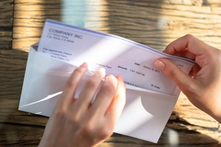 person opening envelope with check
